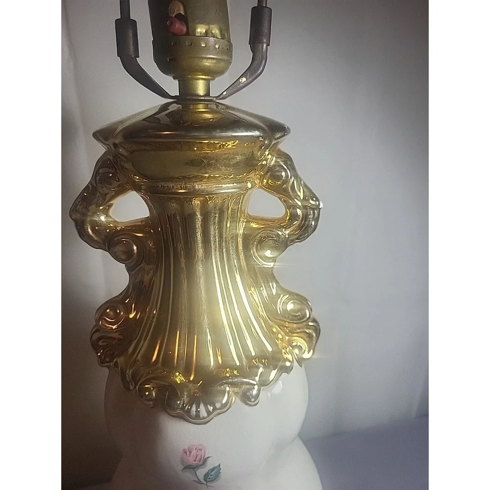 Vintage 23 Inch Ceramic‎ Table Lamp Pink Rose Floral Gold Gilt Urn Style